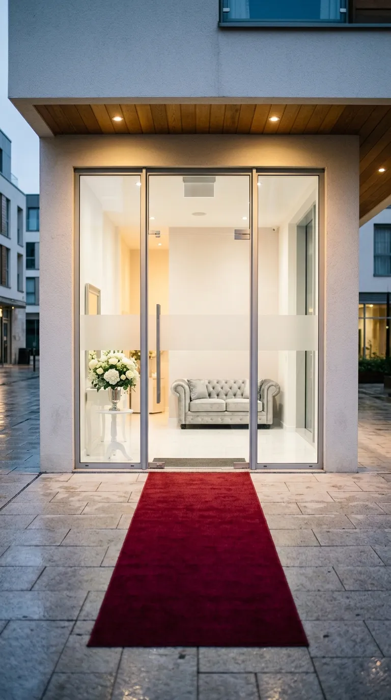 Montra de vidro da Santa Beleza & Spa com uma passadeira vermelha à porta