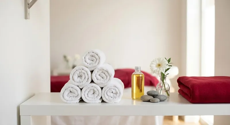 Toalhas enroladas, óleo de massagem e flores brancas numa prateleira