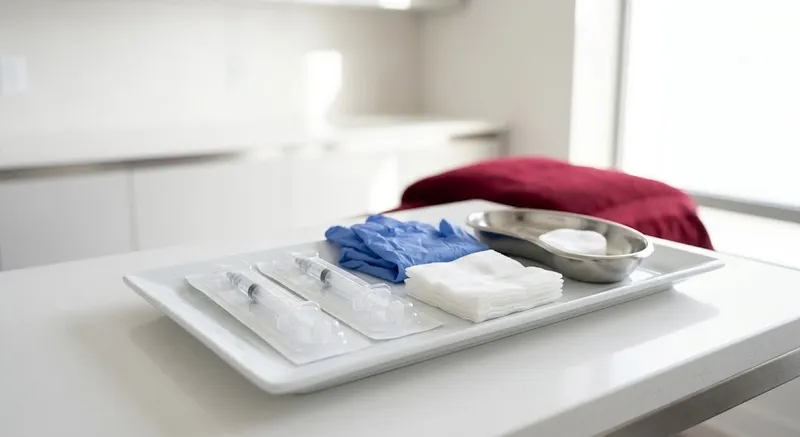 Tabuleiro de medicina estética com seringas seladas e compressas