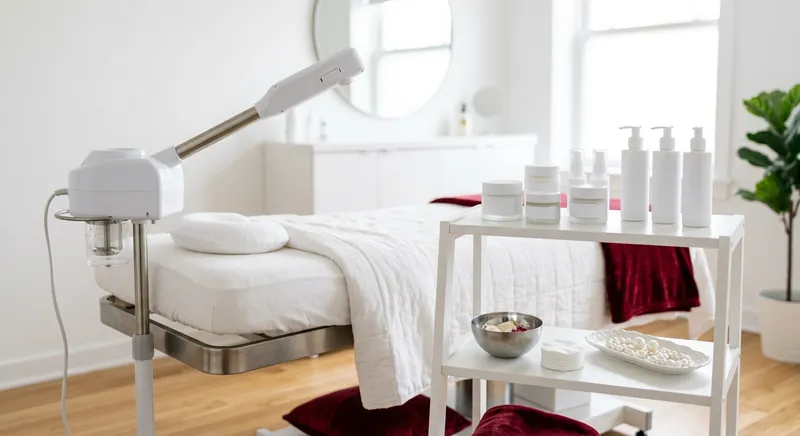 Frascos de cosmética e vaporizador facial junto à marquesa