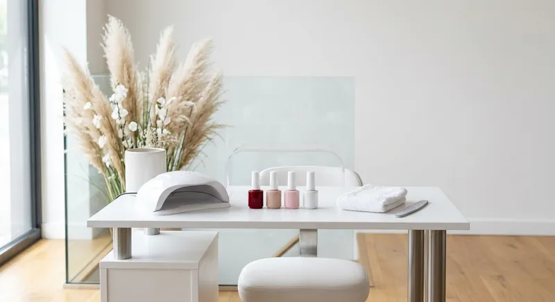 Mesa de manicure com vernizes gel e lâmpada UV